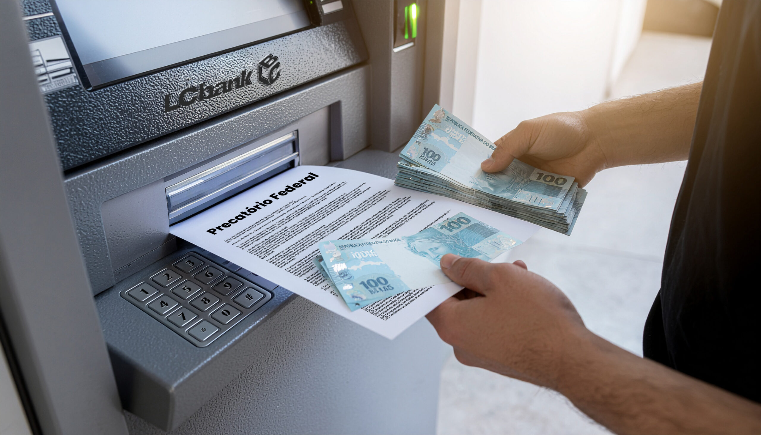 Pessoa retirando dinheiro do caixa eletrônico LCBank com notas de 100